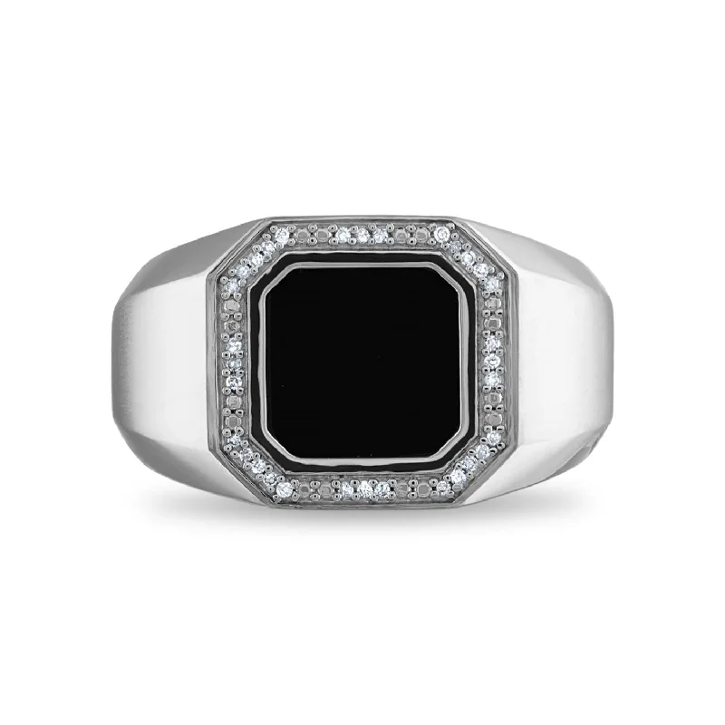 Knitted ring-10MM Square Onyx and Diamond Ring in Rhodium Plated Sterling Silver