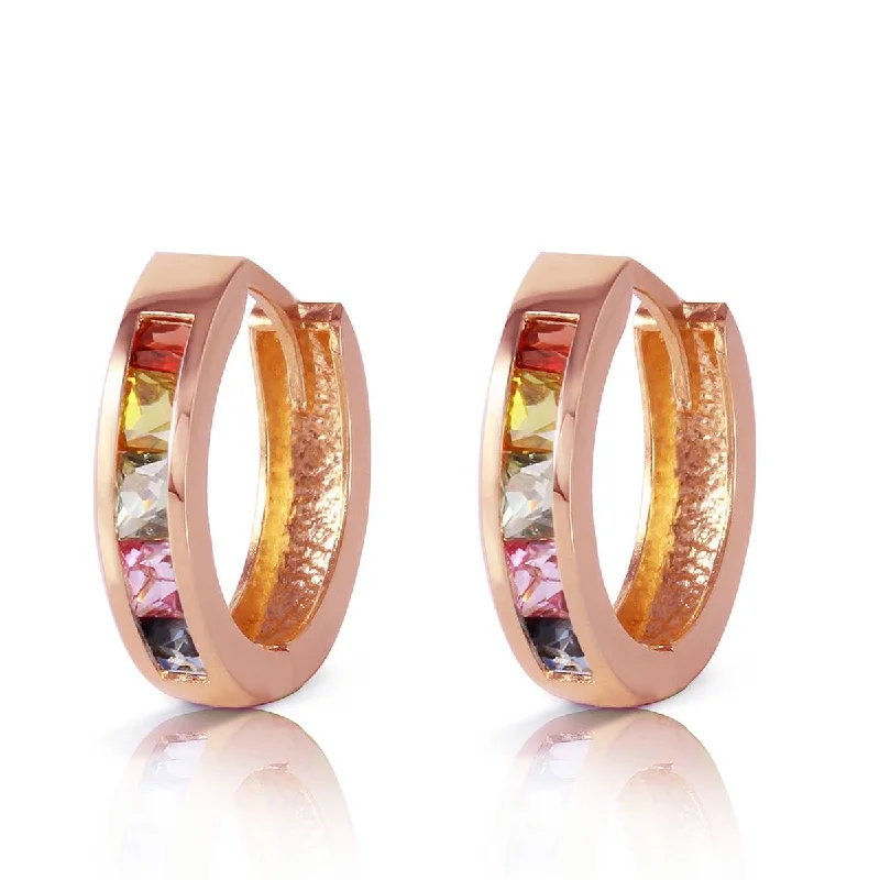 Coarse sapphire earrings-14K Solid Rose Gold Hoop Earrings w/ Multicolor Sapphires