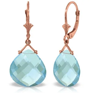 Subtle silver earrings-14K Solid Rose Gold Leverback Earrings Checkerboard Cut Blue Topaz