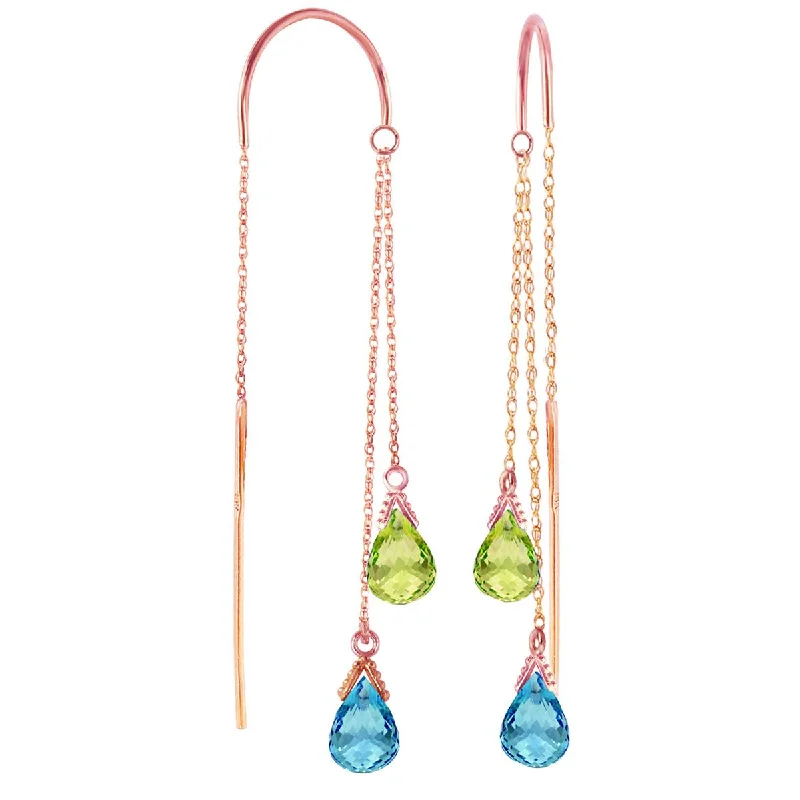 Droplet earrings-14K Solid Rose Gold Threaded Dangle Earrings w/ Blue Topaz & Peridots