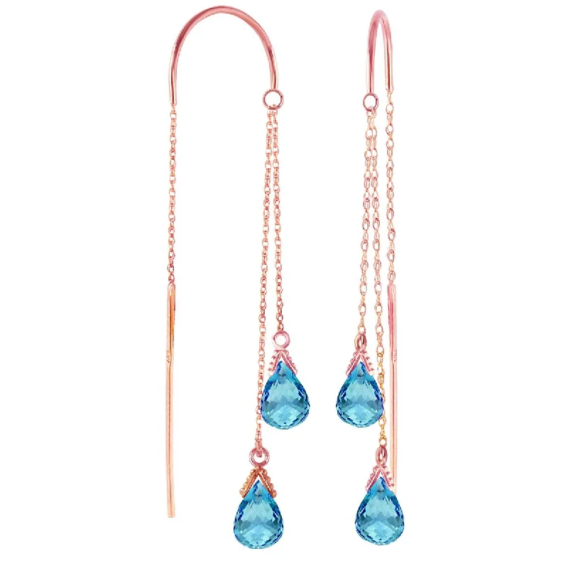 Divided hoop earrings-14K Solid Rose Gold Threaded Dangles Earrings Blue Topaz Jewelry