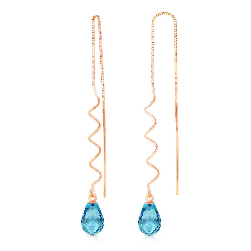 Divided hoop earrings-14K Solid Rose Gold Threaded Dangles Earrings Blue Topaz