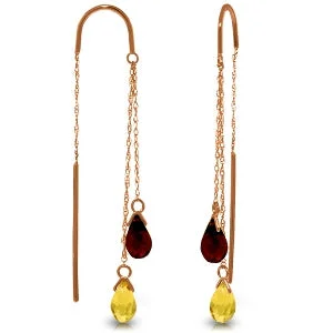 Malleable gem earrings-14K Solid Rose Gold Threaded Dangles Earrings w/ Citrines & Garnets