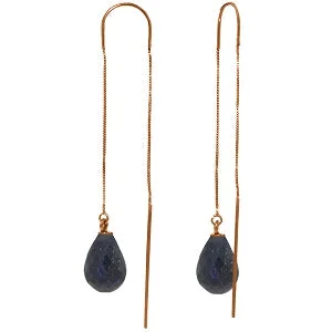 Natural stone earrings-14K Solid Rose Gold Threaded Dangles Earrings w/ Sapphires