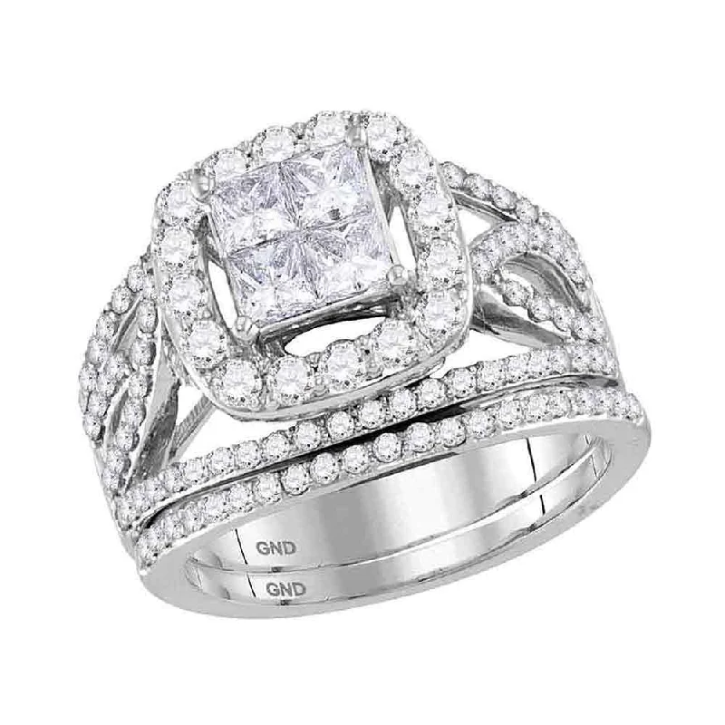 Slim diamond ring-14kt White Gold Princess Diamond Halo Bridal Wedding Ring Band Set 2 Cttw