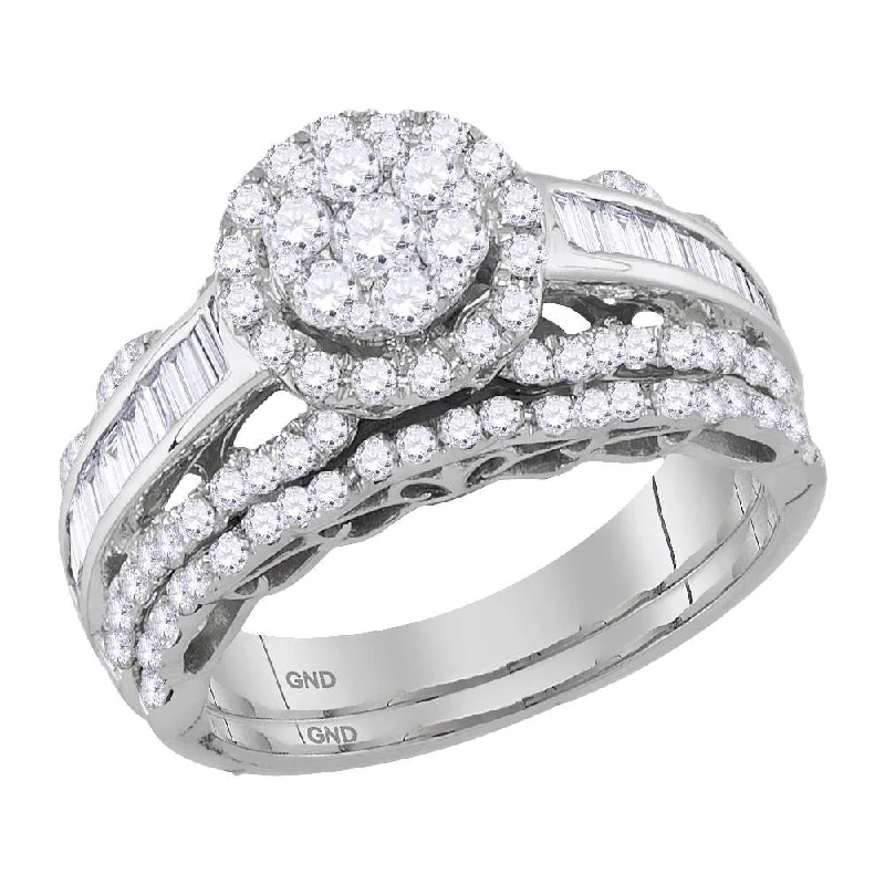 Glossy gem ring-14kt White Gold Round Diamond Cluster Bridal Wedding Ring Band Set 1-1/2 Cttw