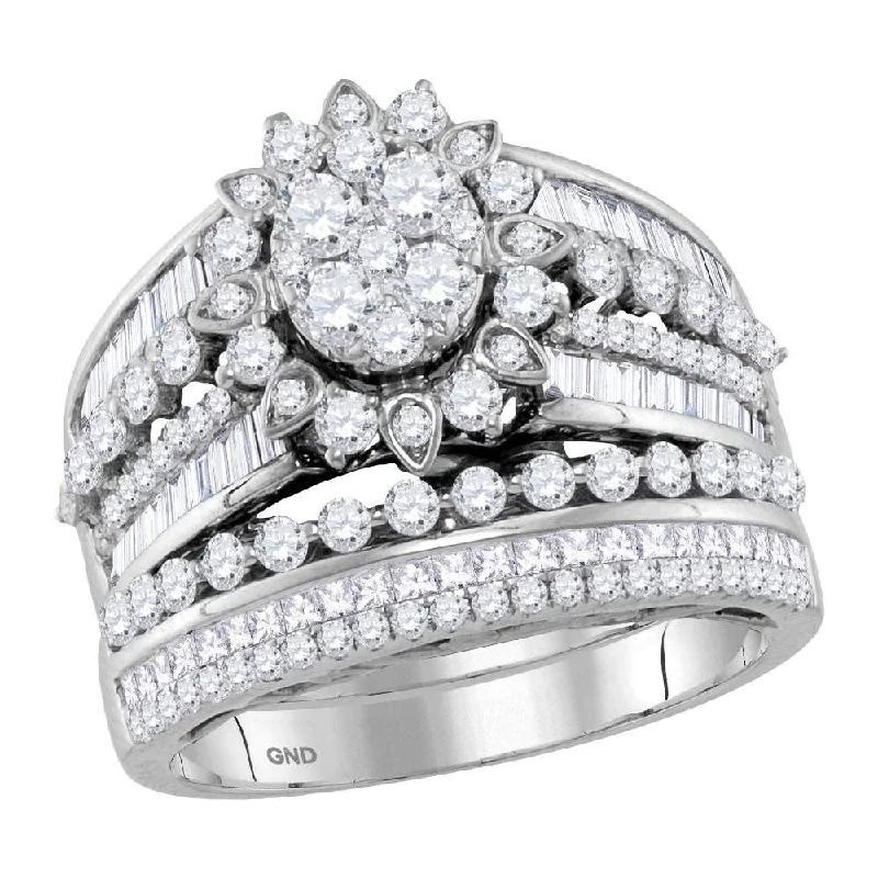 Rustic finish ring-14kt White Gold Round Diamond Cluster Bridal Wedding Ring Band Set 2 Cttw