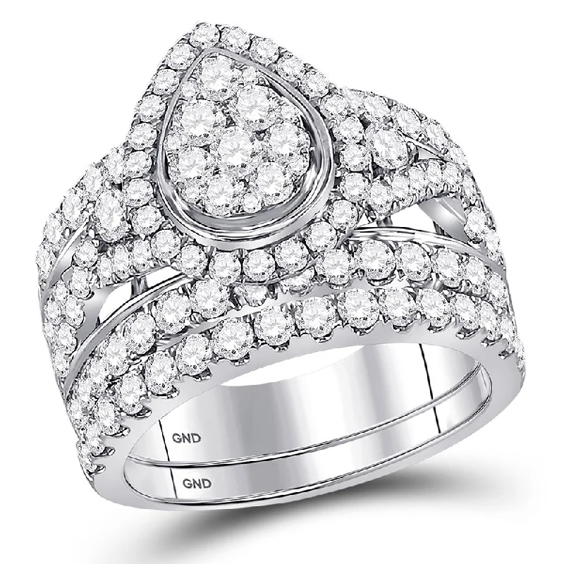 Curled rim ring-14kt White Gold Round Diamond Pear Cluster Bridal Wedding Ring Band Set 3 Cttw