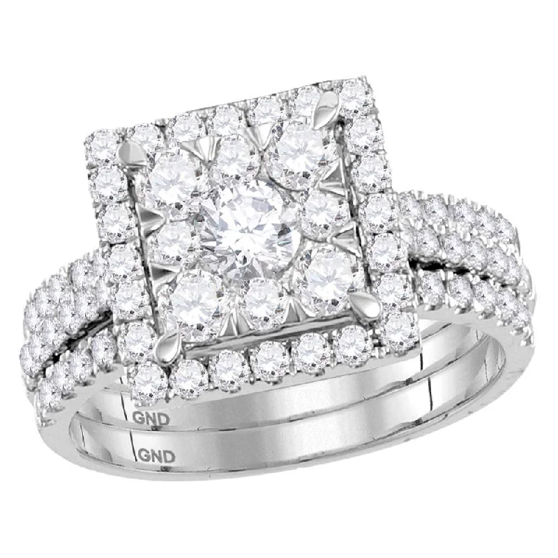 Fine-edged ring-14kt White Gold Round Diamond Square Bridal Wedding Ring Band Set 2 Cttw