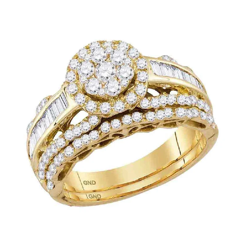 Unified band ring-14kt Yellow Gold Round Diamond Cluster Bridal Wedding Ring Band Set 1-1/2 Cttw