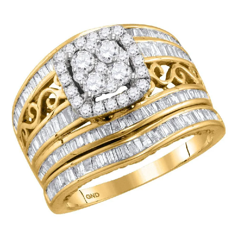 Flare sun ring-14kt Yellow Gold Round Diamond Cluster Bridal Wedding Ring Band Set 1-1/2 Cttw