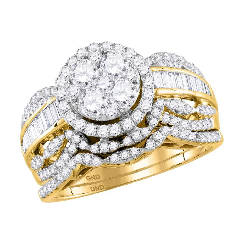 Arced wire ring-14kt Yellow Gold Round Diamond Cluster Bridal Wedding Ring Band Set 1-1/2 Cttw