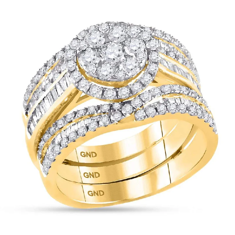 Carved pattern ring-14kt Yellow Gold Round Diamond Cluster Bridal Wedding Ring Band Set 2 Cttw