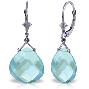 Glossy platinum earrings-17 Carat 14K Solid White Gold Leverback Earrings Checkerboard Cut Blue Topaz