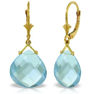 Striated edge earrings-17 Carat 14K Solid Yellow Gold Leverback Earrings Checkerboard Cut Blue Topaz