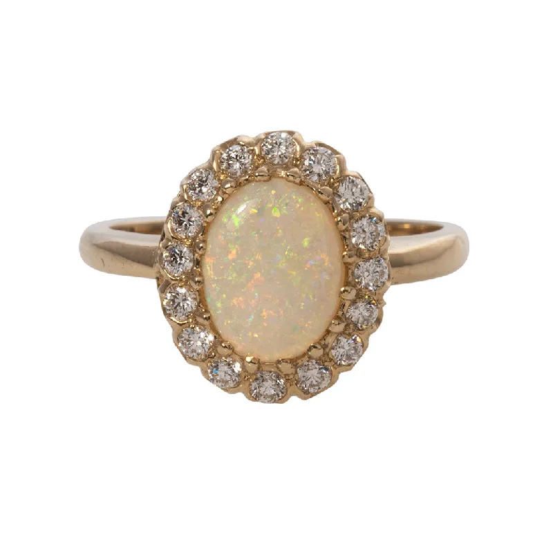 Tall gem ring-Oval Opal & Diamond Cluster 14K Yellow Gold Ring