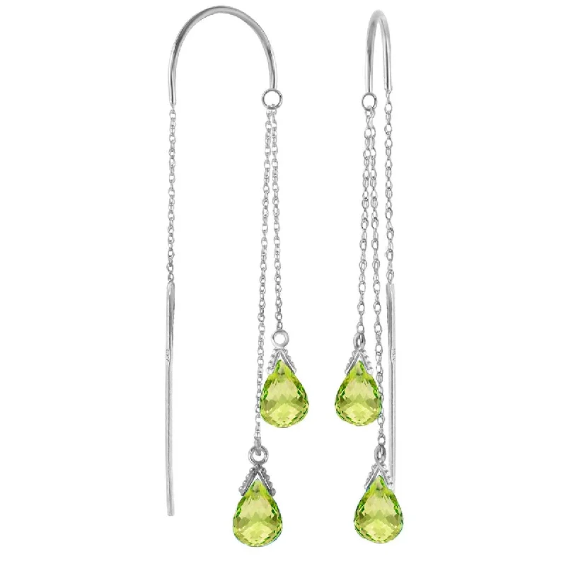 Carved pattern earrings-2.5 Carat 14K Solid White Gold Threaded Dangles Earrings Peridot