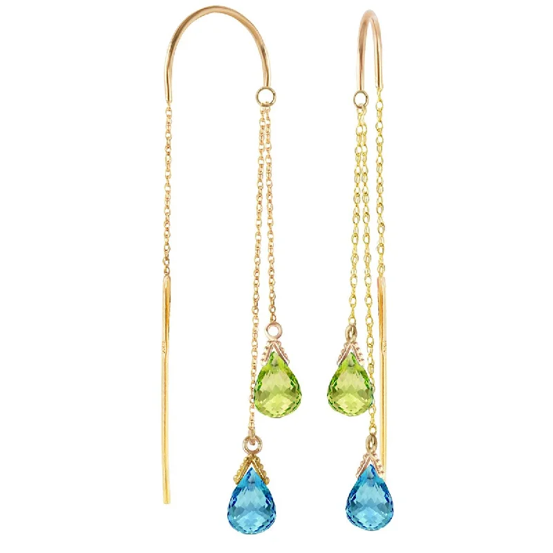 Broad hoop earrings-2.5 Carat 14K Solid Yellow Gold Threaded Dangle Earrings Blue Topaz Peridot