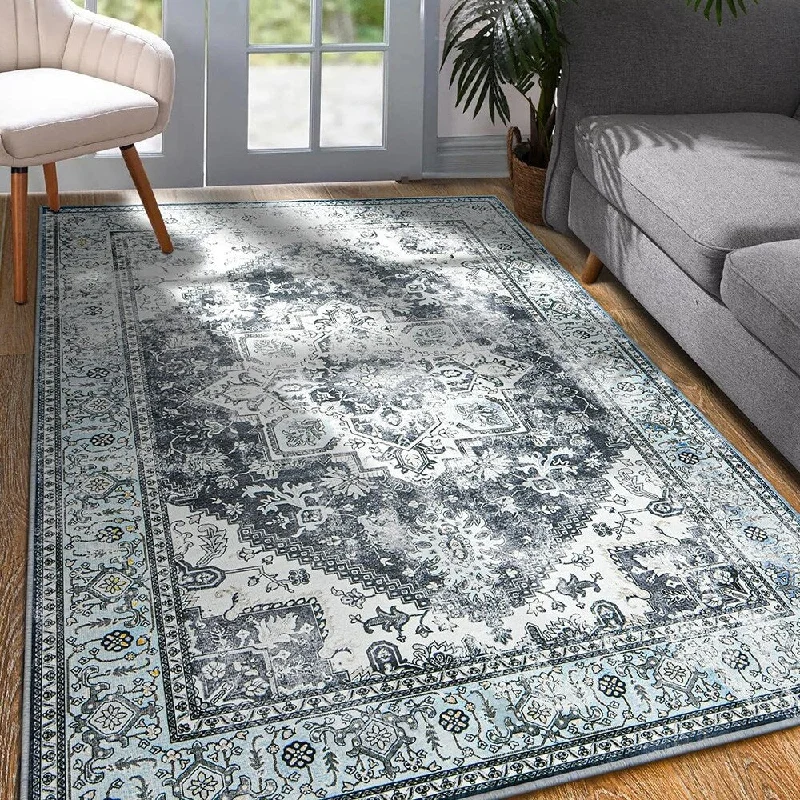 Shaded gem ring-4x6 Washable Floral Print Bedroom Living Room Rug,Blue/Grey