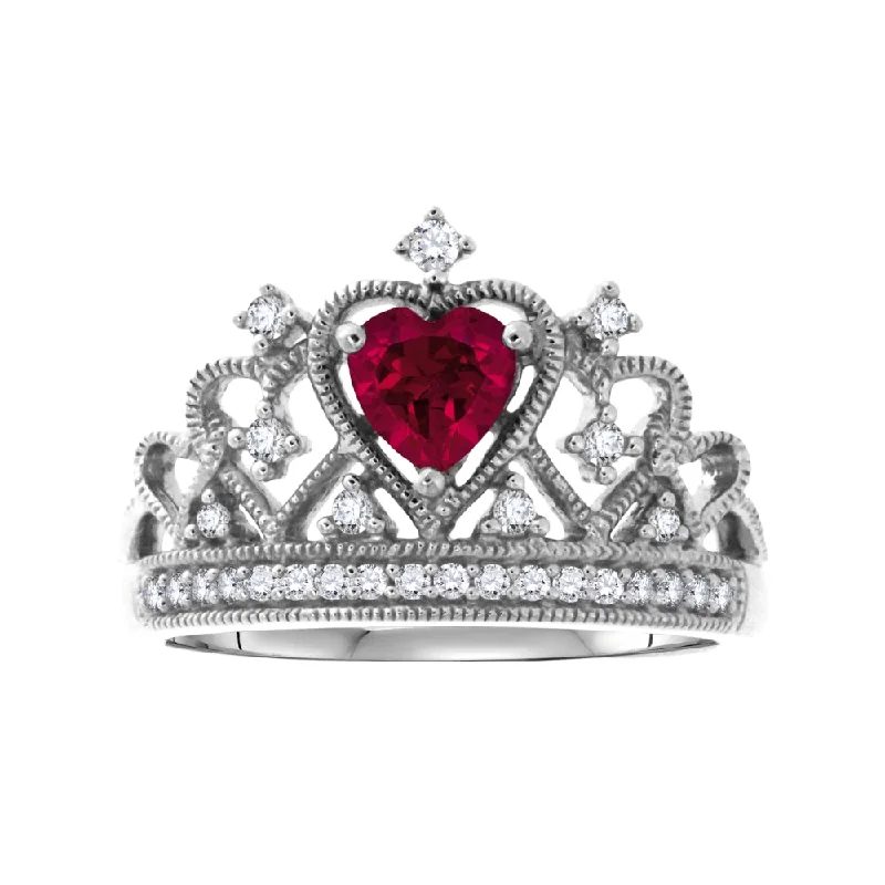 Light-etched ring-5MM Heart Shape Ruby and White Sapphire Tiara Crown Ring in Sterling Silver