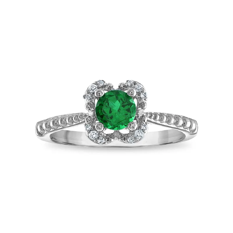 Open-cloud ring-5MM Round Emerald and White Sapphire Birthstone Flower Halo Ring in Sterling Silver