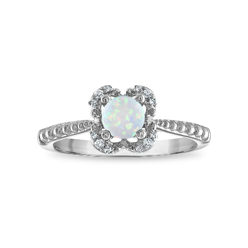 Contoured ring-5MM Round Opal and White Sapphire Birthstone Flower Halo Ring in Sterling Silver