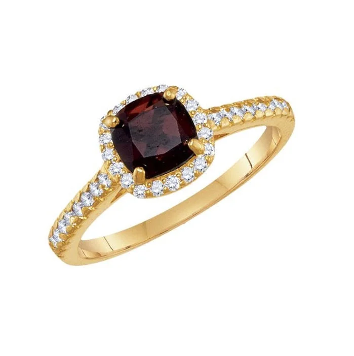 Ethnic grooved ring-6MM Cushion Garnet and White Sapphire Birthstone Ring in 10KT Yellow Gold