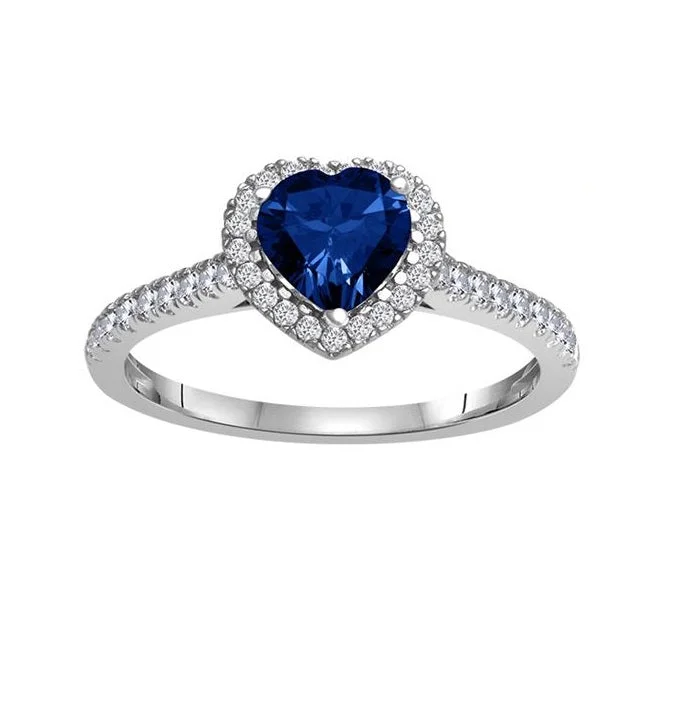 Pine cluster ring-6MM Heart Shape Blue Sapphire and White Sapphire Birthstone Heart Ring in 10KT White Gold