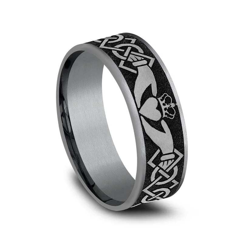 Thick-set pave ring-7.5mm Comfort fit Grey and Black Titanium and Tantalum Claddagh Design