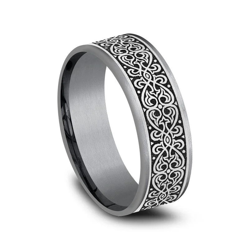 Striated design ring-7.5mm Comfort fit Grey and Black Titanium and Tantalum Ottoman Knot Design