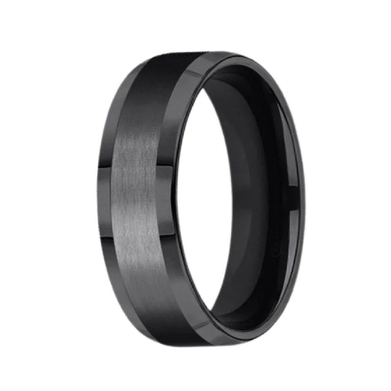 Subtle silver ring-7mm Men's Benchmark Black Titanium Satin Center Beveled Polish Edge