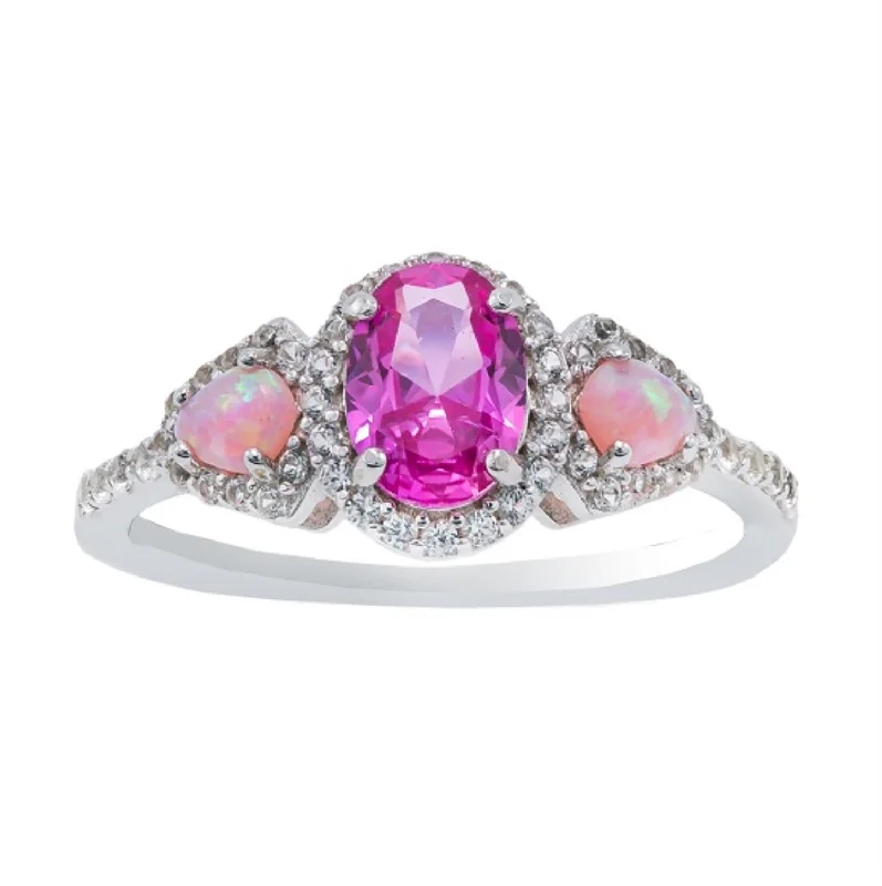 Wide-tier ring-7X5MM Oval Pink Sapphire and Opal Three Stone Ring in Sterling Silver