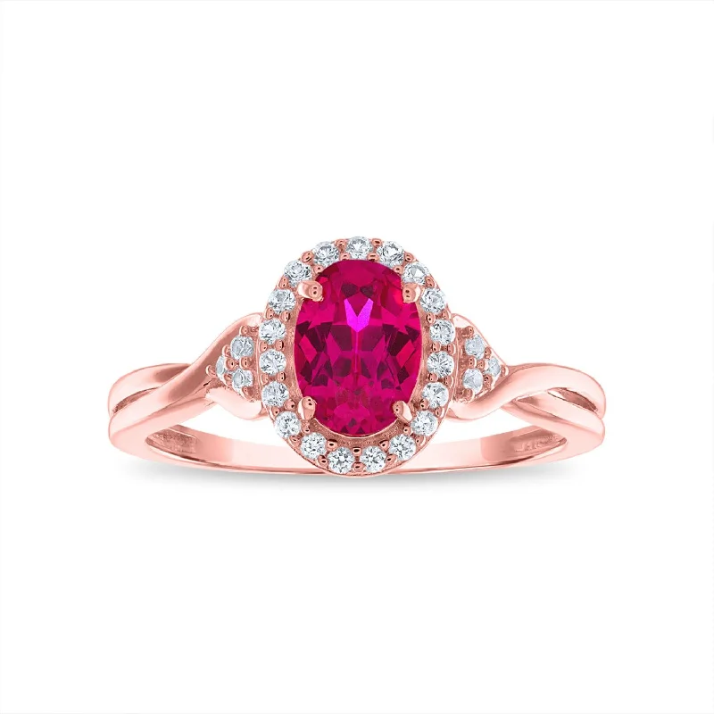 Offset design ring-7X5MM Oval Ruby and White Sapphire Birthstone Halo Ring in 10KT Rose Gold