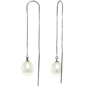 Lined hoop earrings-8 Carat 14K Solid White Gold Threaded Dangles Earrings Pearl