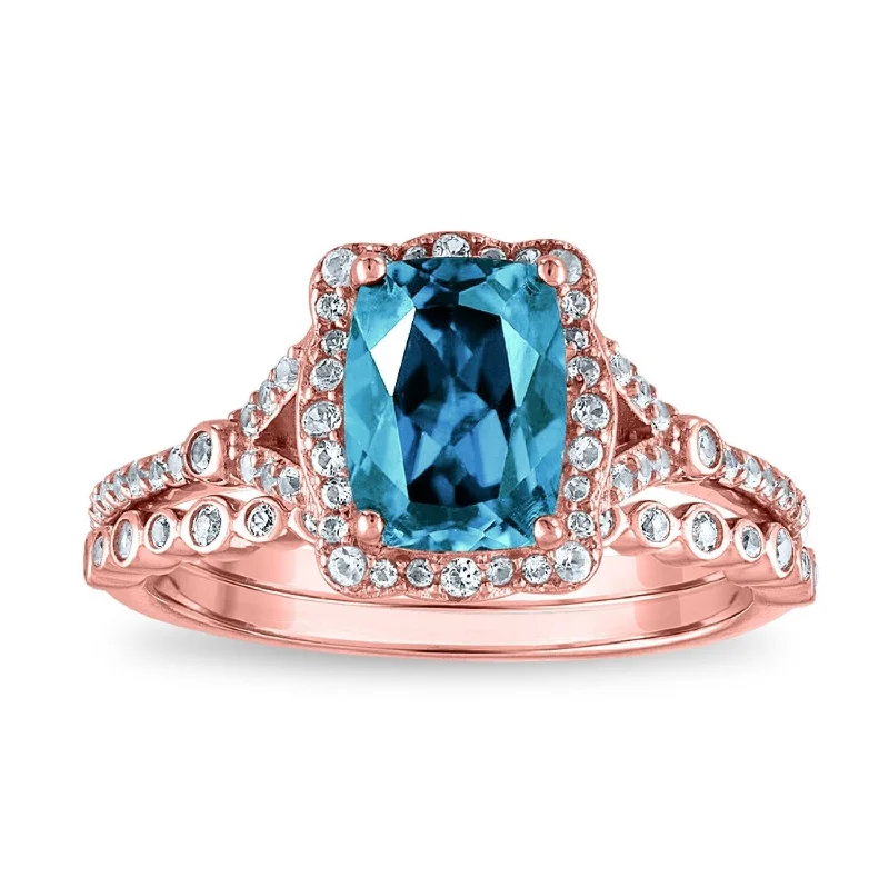 Vintage chrysocolla ring-8X6MM Cushion Blue Topaz and Diamond Bridal Set Ring in 10KT Rose Gold