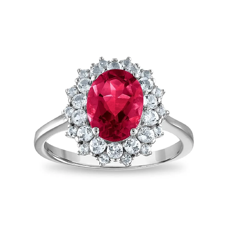 Open-cloud ring-9X7MM Oval Ruby and White Sapphire Halo Ring in Sterling Silver