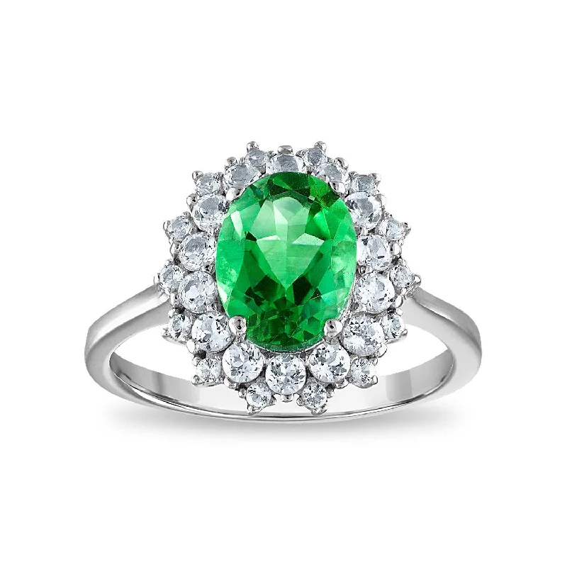 Perforated ring-9X7MM Simulated Emerald and White Sapphire Ring in Sterling Silver