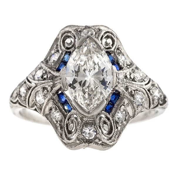 Streaked stone ring-Art Deco Engagement Ring, Marquise Diamond 1.01ct.