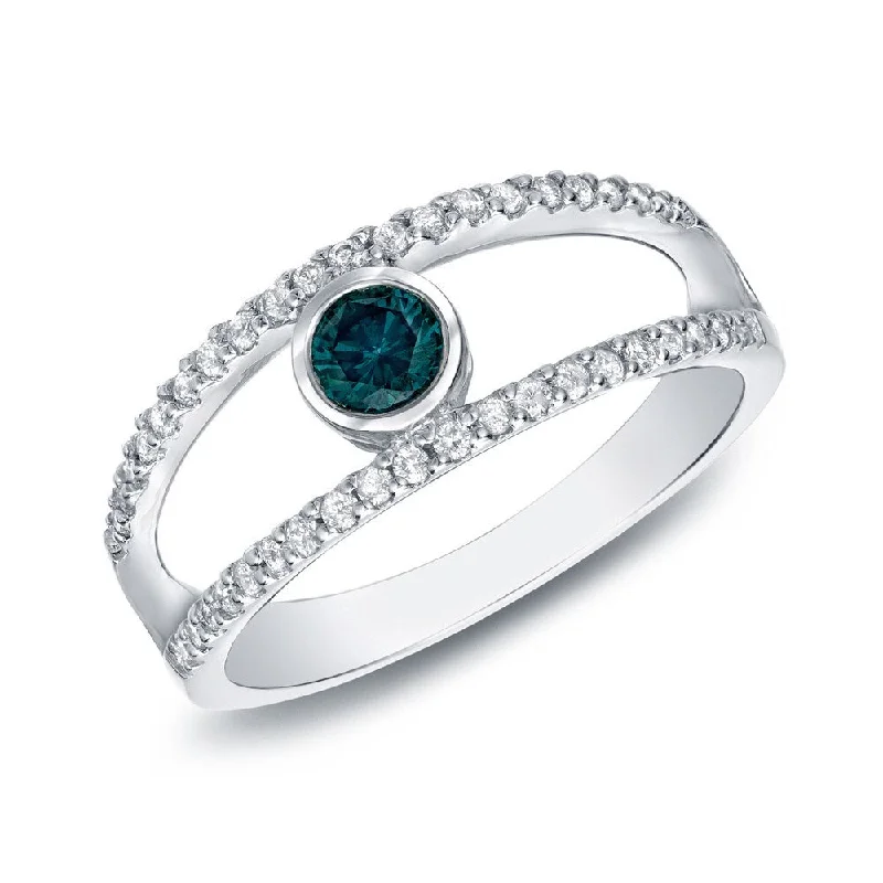 Natural stone ring-Auriya 1/2ctw Split Shank Bezel Set Blue Diamond Ring 14k White Gold