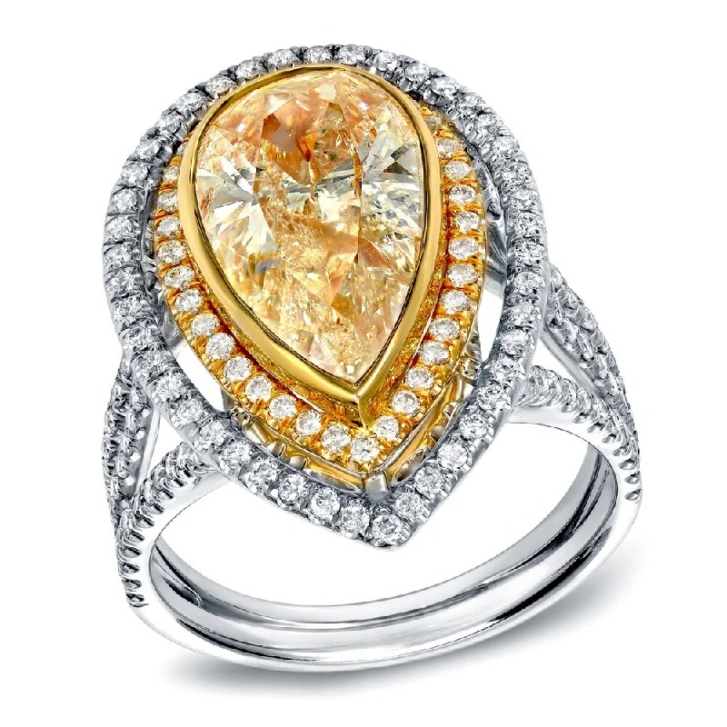 Glossy stone ring-Auriya 14k Two-tone Gold 4ct TDW Fancy Yellow Diamond Pear Halo Ring (G-H, SI1-SI2)