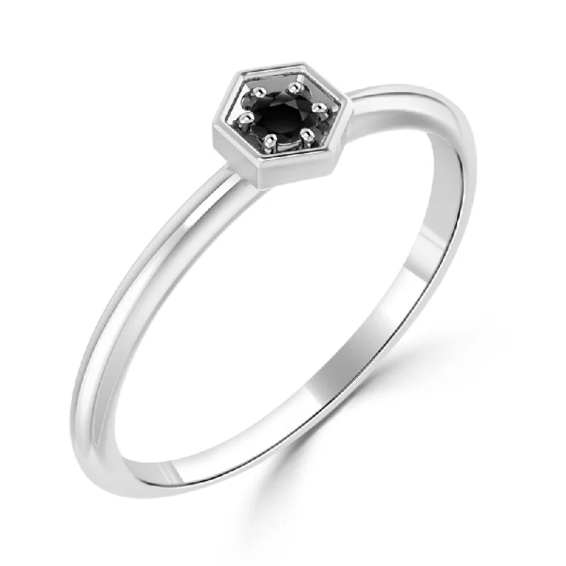 Octagon gem ring-Auriya Petite Ultra-Thin Stackable Solitaire Black Diamond Ring 1/10cttw 10K Gold