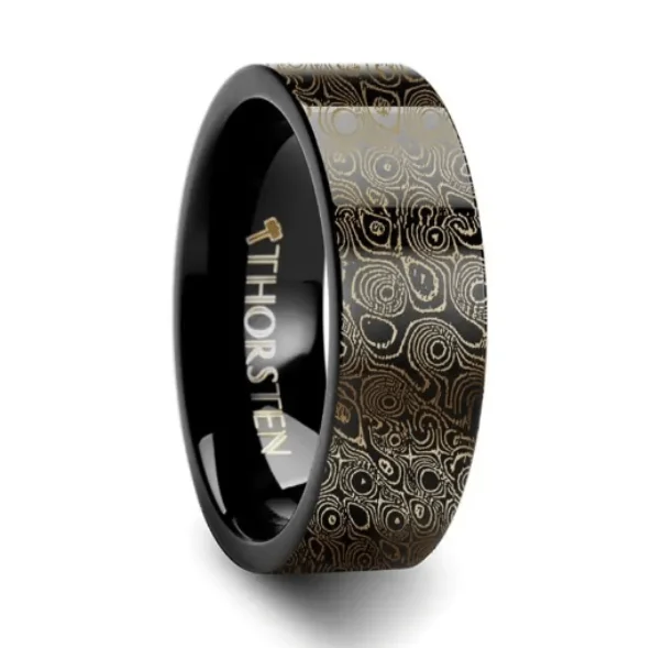 Angular gem ring-Circular Damascus Steel Engraved Pattern Black Tungsten Engraved Ring - 8mm