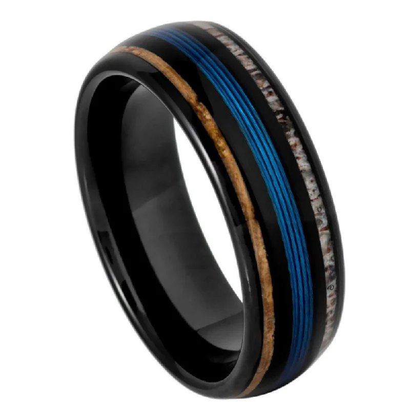 Sparkling crystal ring-Black IP Domed Tungsten Ring with Koa Wood, Blue Wire & Deer Antler Inlays – 8mm