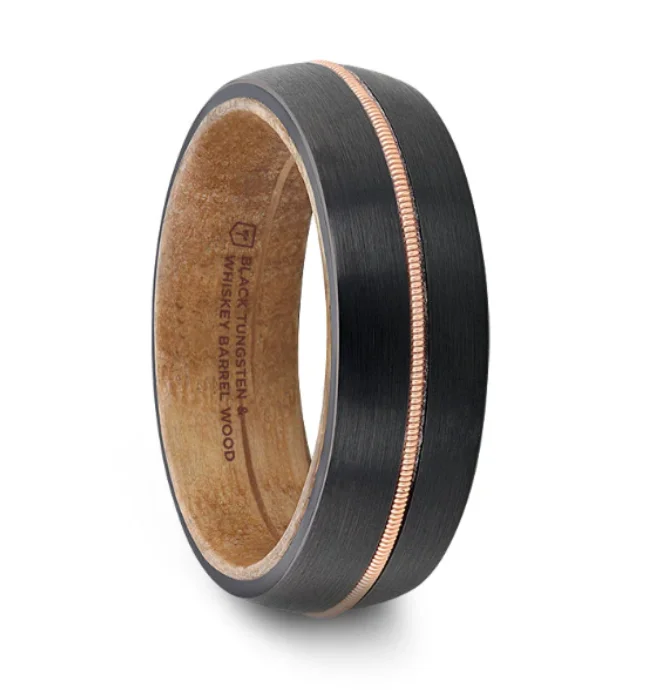 Textured iron ring-CHORDAL Black Tungsten with Brass Guitar String and Whiskey Barrel Inner Sleeve - 8mm