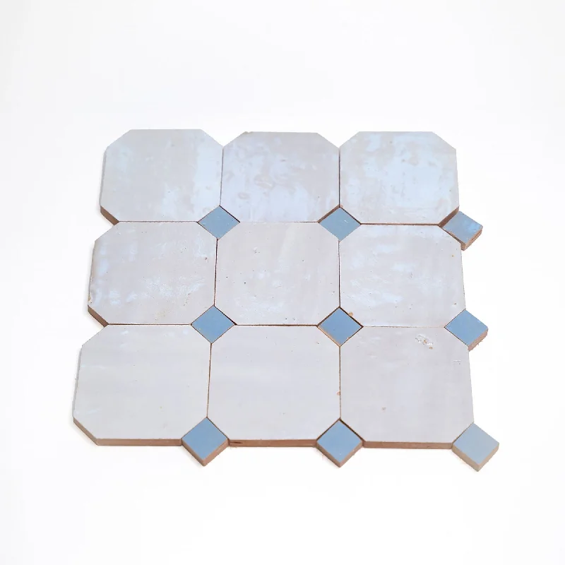 Slope gem ring-Contemporary Zellige Panels, 12''x12''x0.5'', Off White-Blue accents