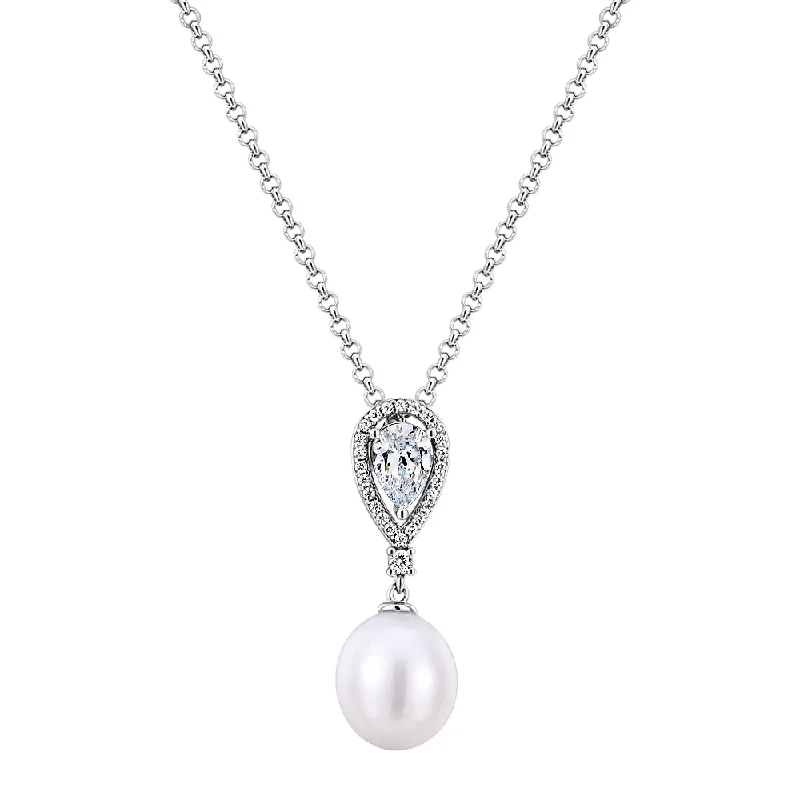 Arced gem necklace-Cultured freshwater pearl drop necklace in sterling silver