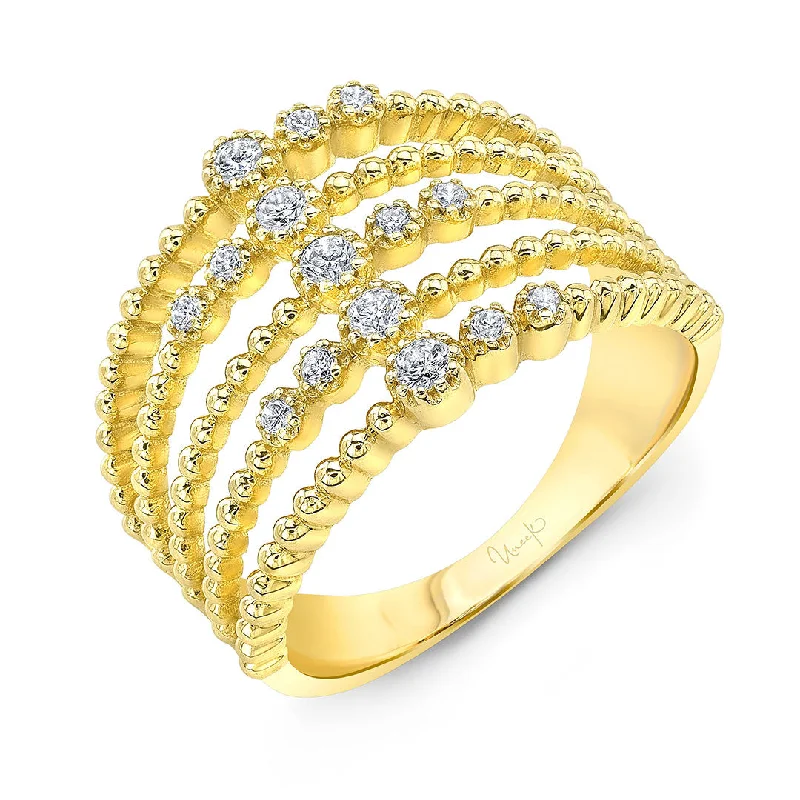 Glossy stone ring-Diamond 14K Yellow Gold Beaded 5 Row Ring