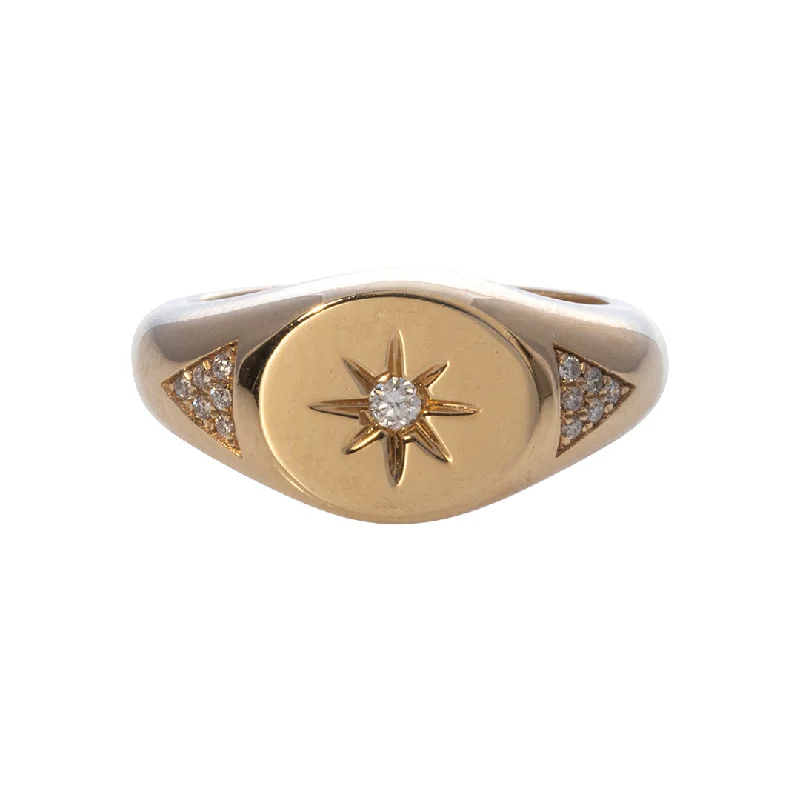 Textured iron ring-Diamond Starburst 14K Yellow Gold Signet Ring