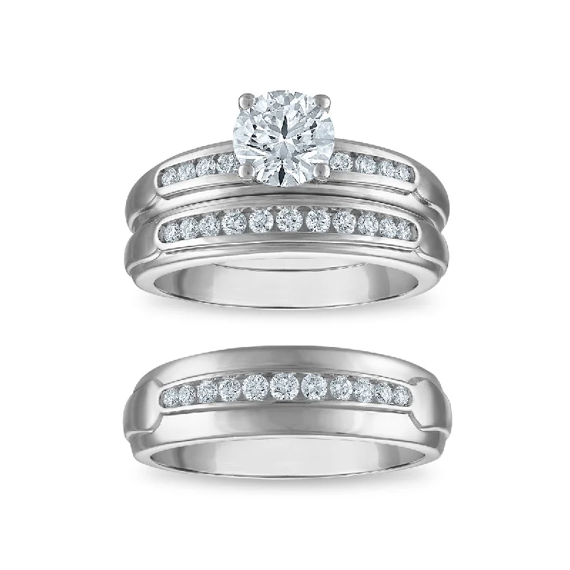 Inscribed initial ring-EcoLove 1-1/2 CTW Lab Grown Diamond Wedding Trio Set in 10KT White Gold