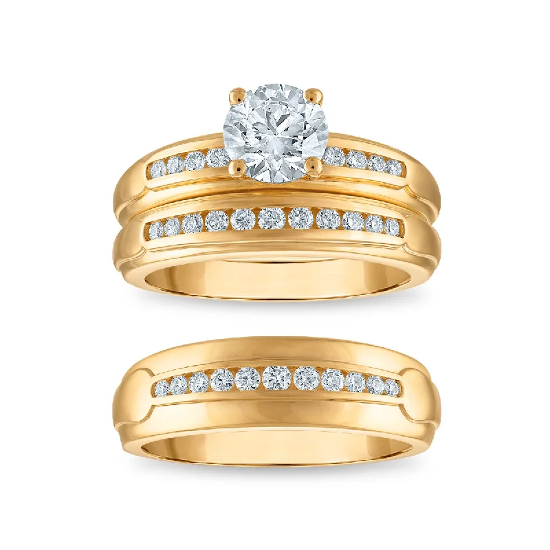 Framed design ring-EcoLove 1-1/2 CTW Lab Grown Diamond Wedding Trio Set in 10KT Yellow Gold